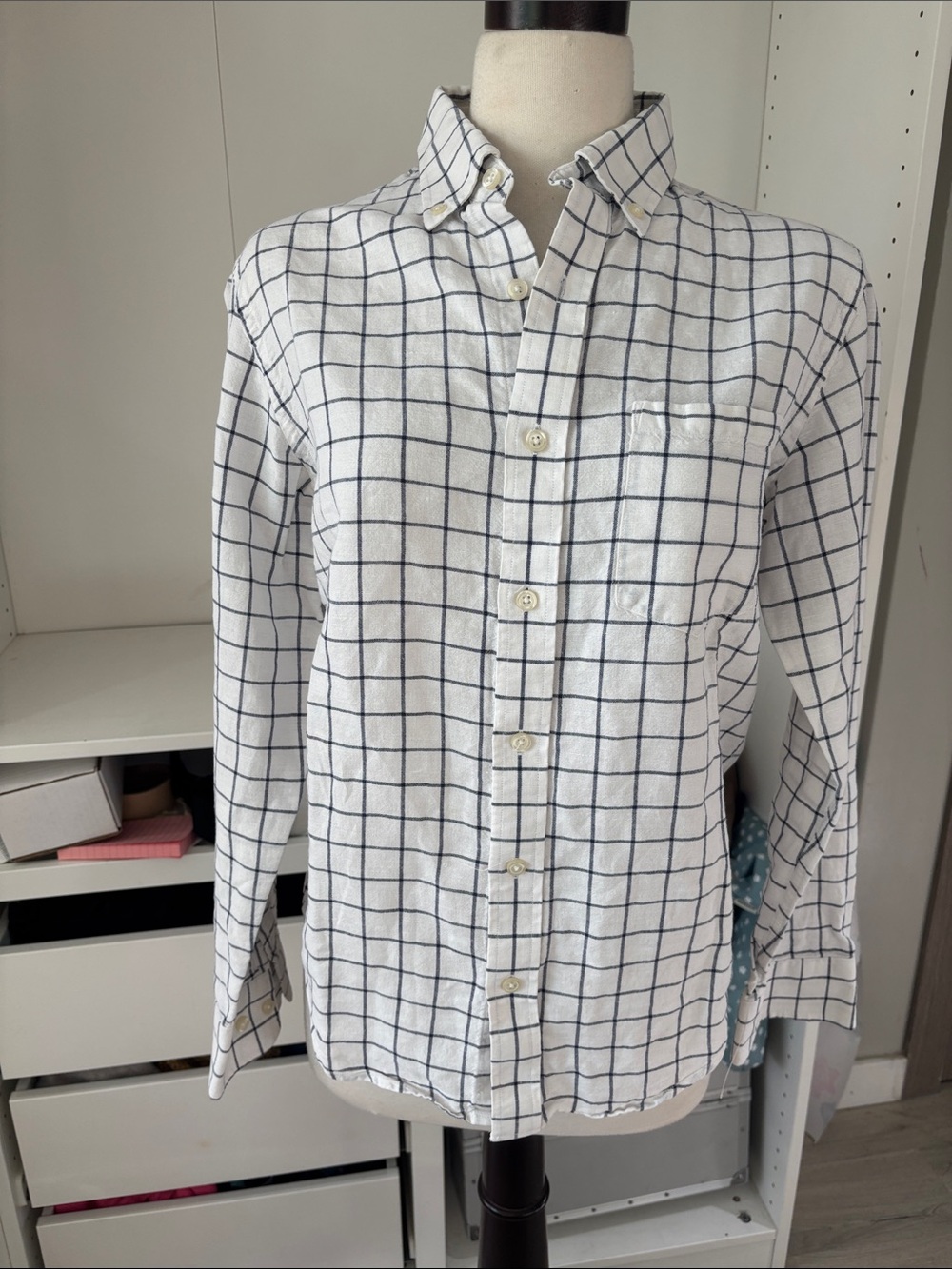 Men's White Button-Down Shirt with Navy Windowpane Check
